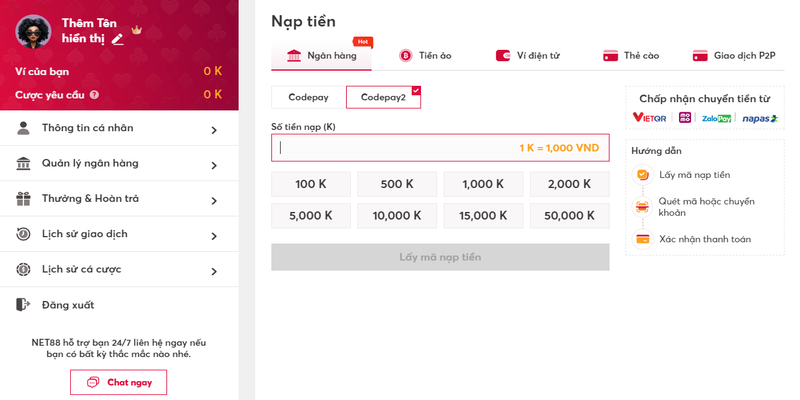 Nạp tiền Net88 an toàn bằng mã QR