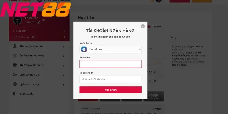 Nạp rút tiền Net88 cực nhanh chóng và an toàn